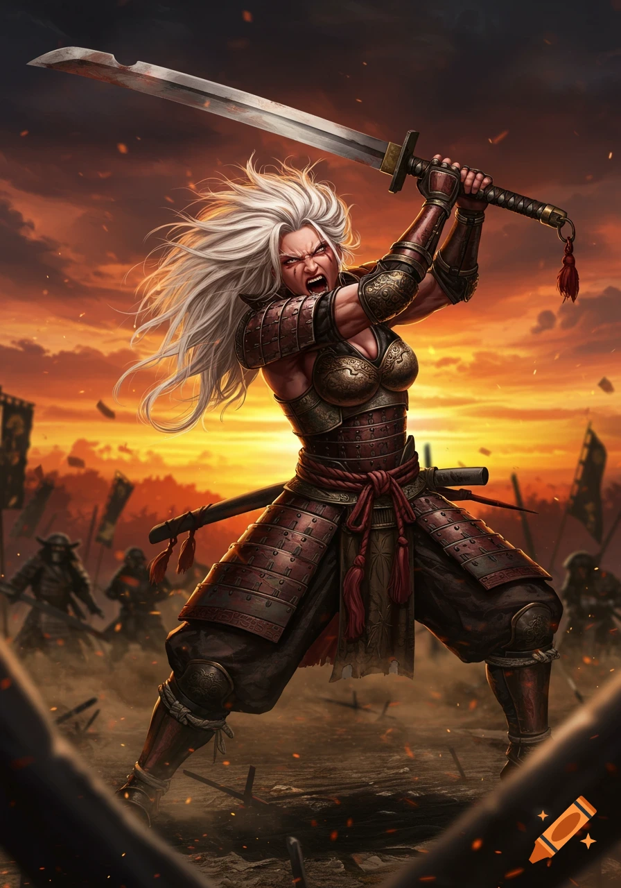 Muscular female Japanese warrior with white hair, in red samurai armor, powerfully swings a greatsword on a fiery battlefield at sunset.