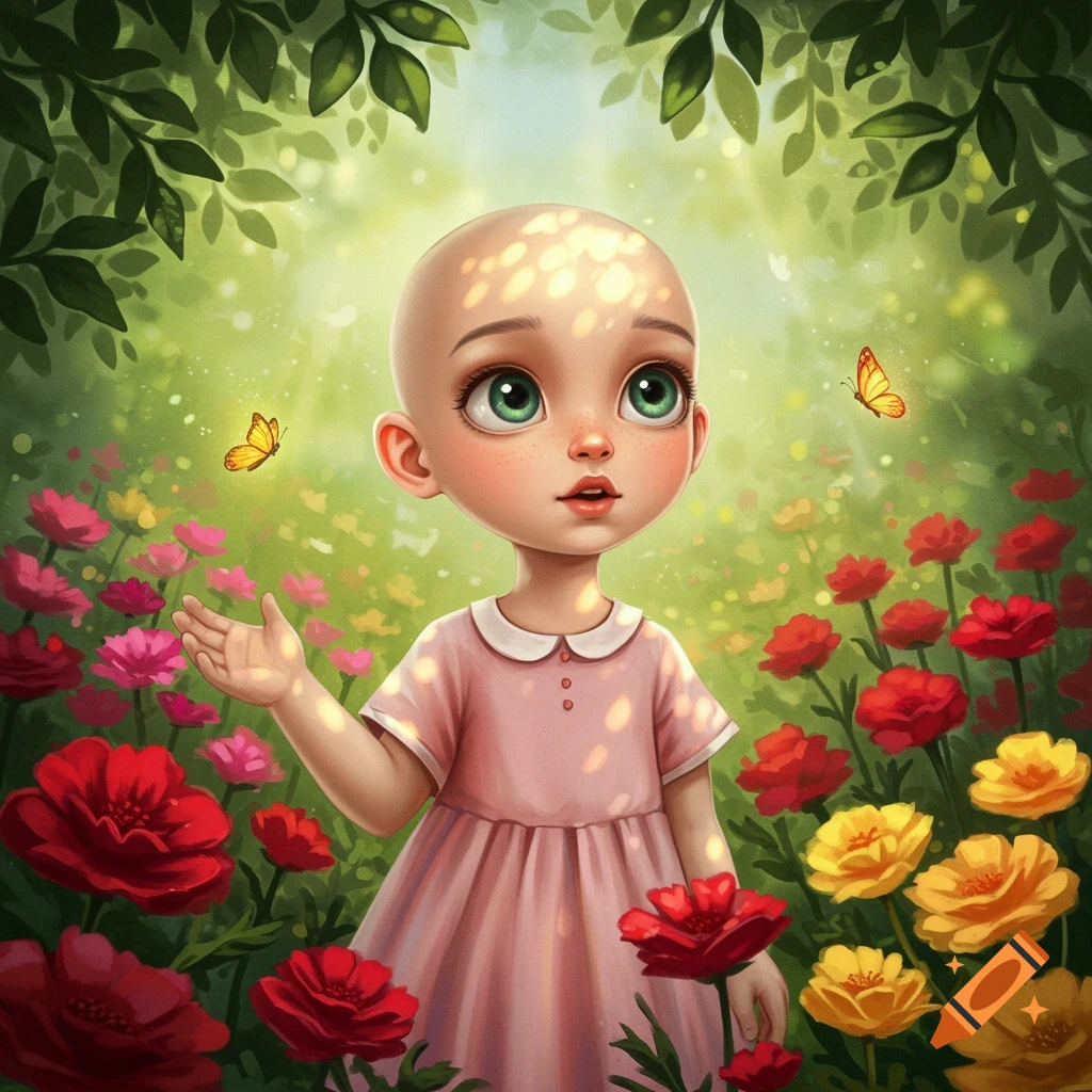 A bald little girl in a pink dress stands in a vibrant flower garden with butterflies and sunbeams in a whimsical illustration.