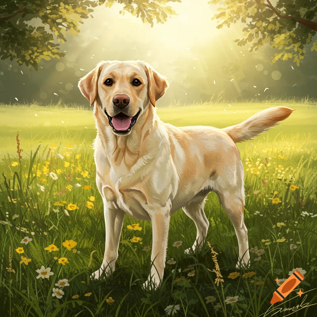 A happy yellow Labrador dog stands in a sunny field of yellow and white flowers, painted in a digital art style.