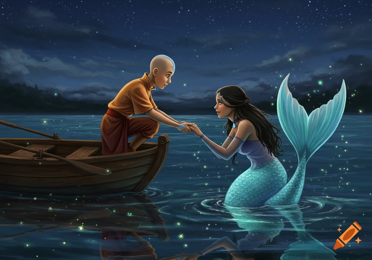 Illustrated fantasy art of Aang in a boat holding hands with a mermaid in a glowing night lake under a starry sky.