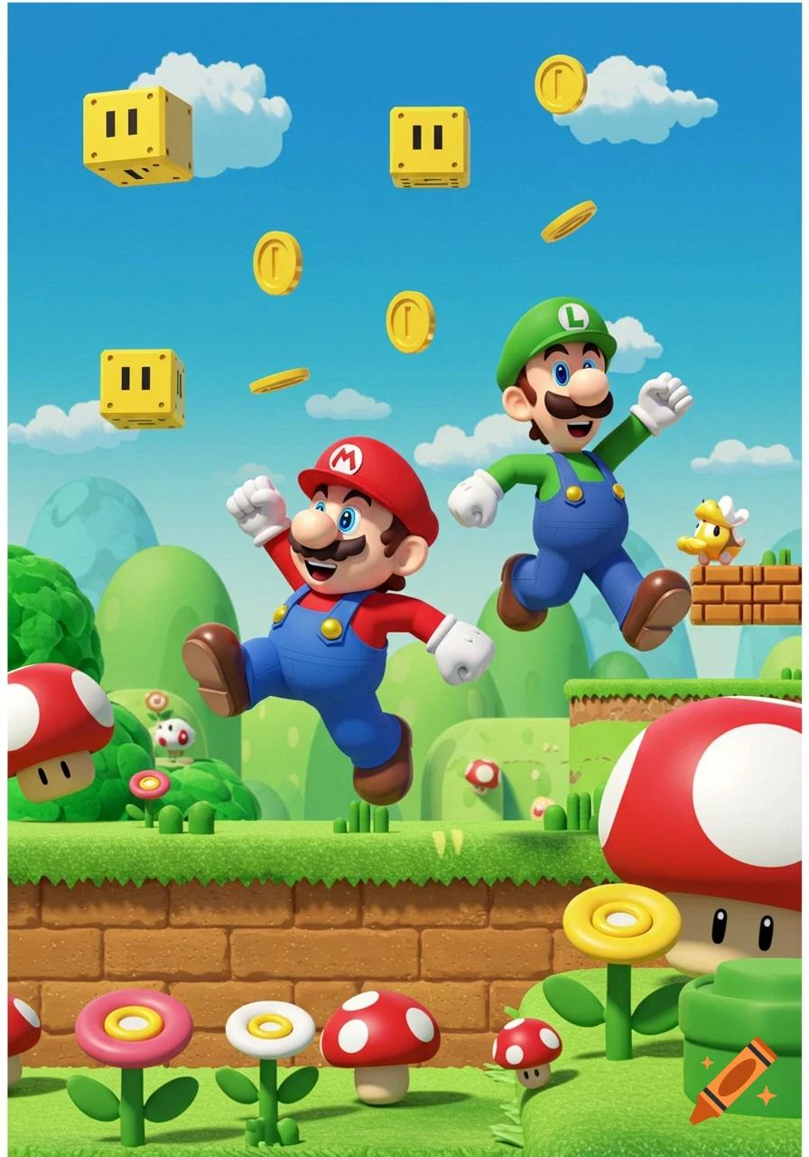 Mario and Luigi jump through a vibrant Super Mario Bros. landscape with coins, blocks, and mushrooms.