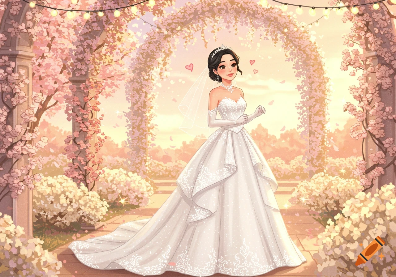 A smiling cartoon Asian bride in a white wedding dress and veil stands under a floral archway adorned with pink cherry blossoms and string lights, at sunset.