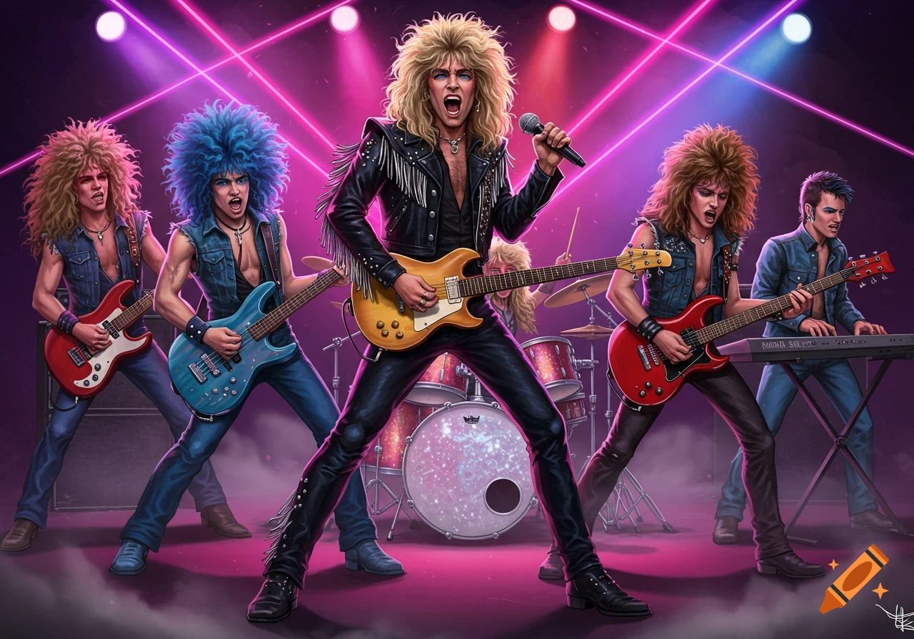 An illustration of an 80s hair metal band with big hair and leather, performing on stage with guitars, a keyboard, drums, and neon pink lighting.
