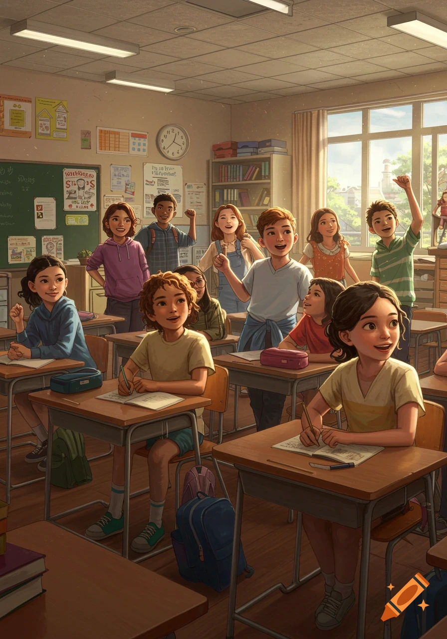 A diverse group of smiling middle school students in a sunny classroom, some sitting at desks, others standing.