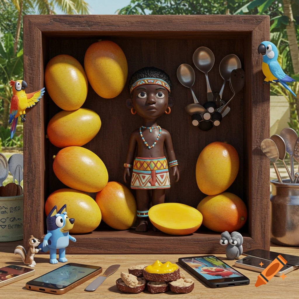A stylized 3D render of a dark-skinned figurine in traditional attire, surrounded by mangoes in a wooden box, with cartoon parrots, Bluey, a squirrel, and phones on a table in a tropical setting.