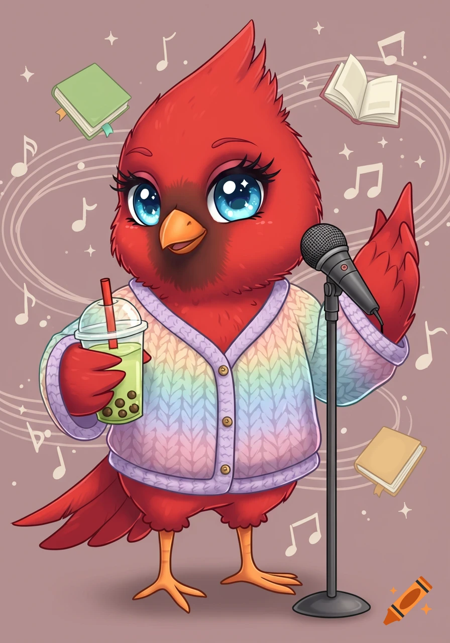 A cute cartoon red cardinal with large blue eyes wears a pastel rainbow cardigan, holding boba tea and standing by a microphone, with music notes and books in the background.