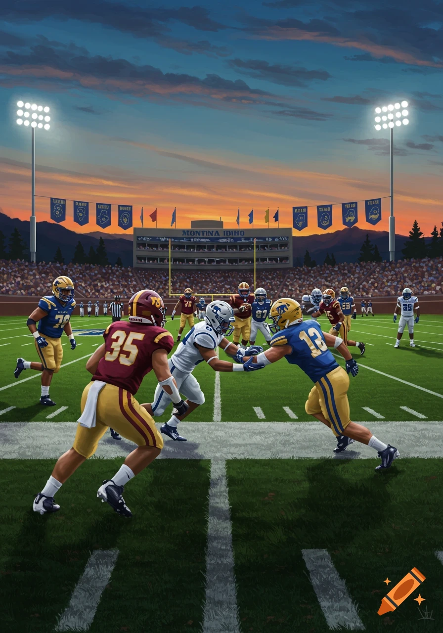 An American football game at a stadium under a dramatic sunset sky, with players in maroon and blue jerseys running on the field.