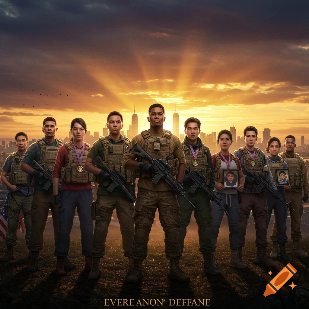 Group of diverse citizen soldiers in tactical gear holding rifles, standing before a city skyline at sunset.