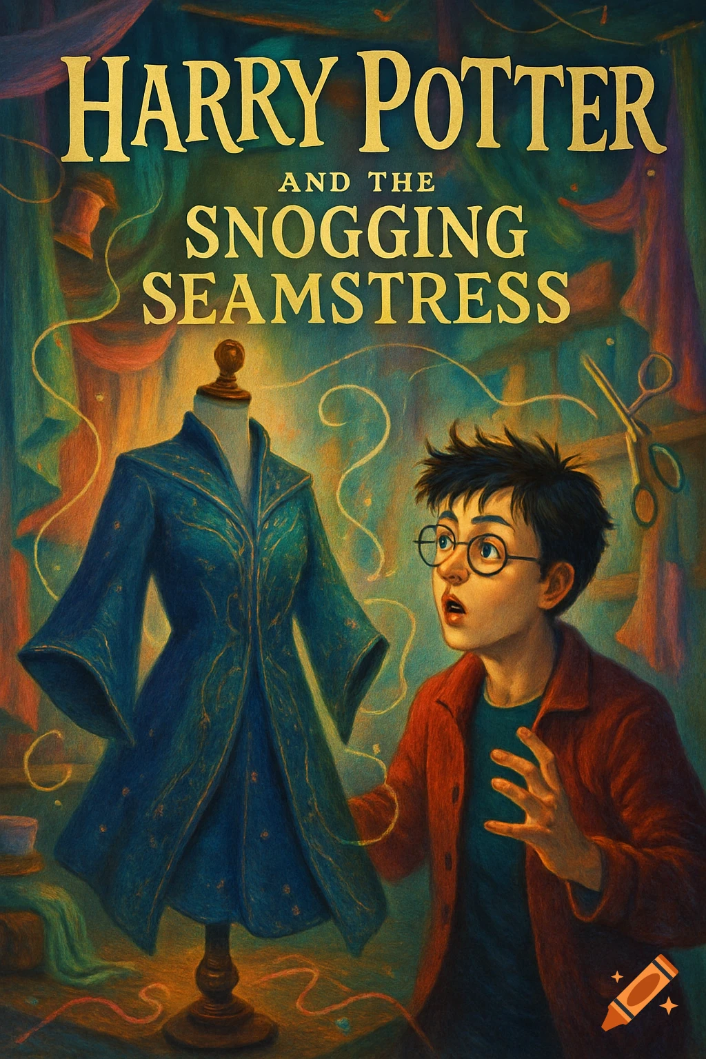 Illustrated book cover for 'Harry Potter and the Snogging Seamstress' featuring Harry Potter looking at a blue robe on a mannequin.