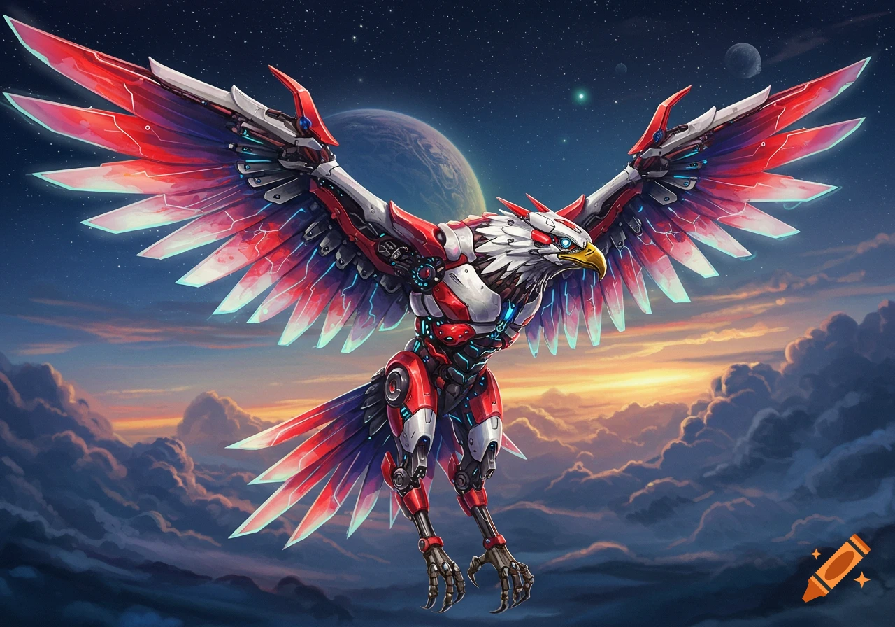 A futuristic robotic eagle with red, white, and blue armor flies through a dramatic sky with clouds and planets.