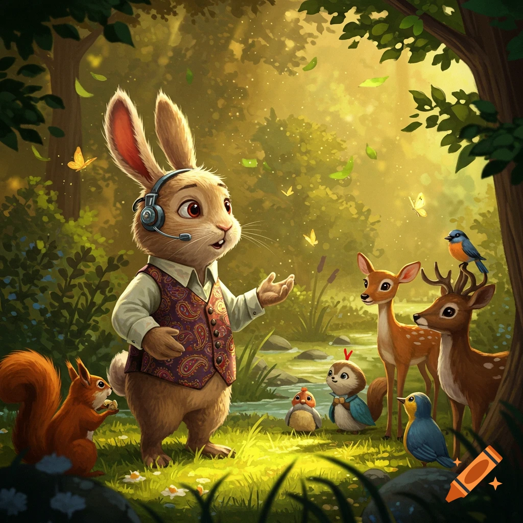 A cartoon rabbit with headphones and a vest talks to a squirrel, two deer, and three birds in a sun-dappled magical forest.