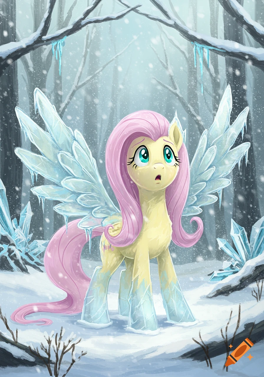 A surprised yellow pegasus, Fluttershy, with pink hair and icy wings and hooves, stands in a snowy forest with ice crystals.