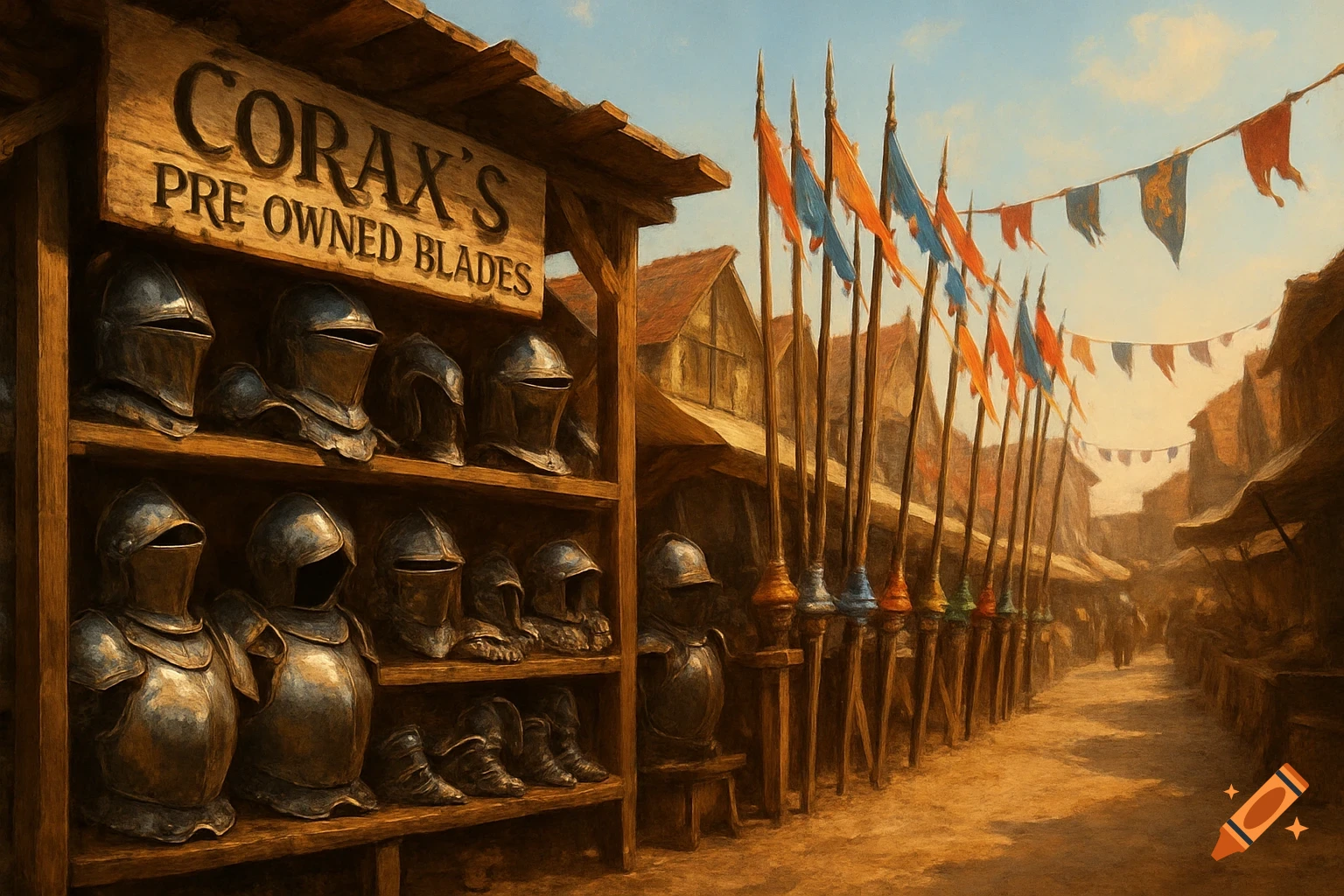 A medieval market stall with a sign 'CORAX'S PRE-OWNED BLADES' displaying armor helmets and lances with flags.