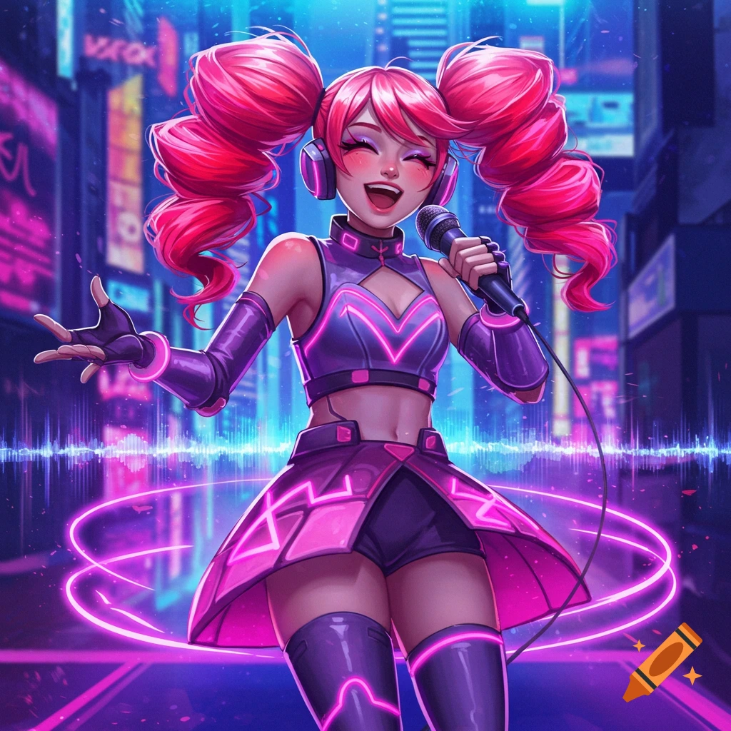 Vibrant anime girl with pink pigtails and neon purple attire sings into a microphone on a cyberpunk street, surrounded by glowing light effects.