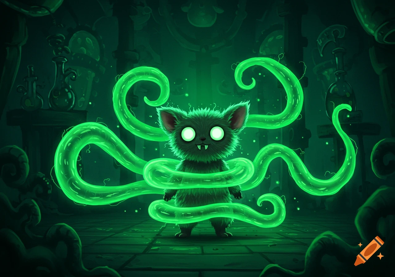 A furry, dark-colored creature with large glowing eyes and fangs is surrounded by bright green glowing tendrils in a dark, mysterious laboratory-like setting.
