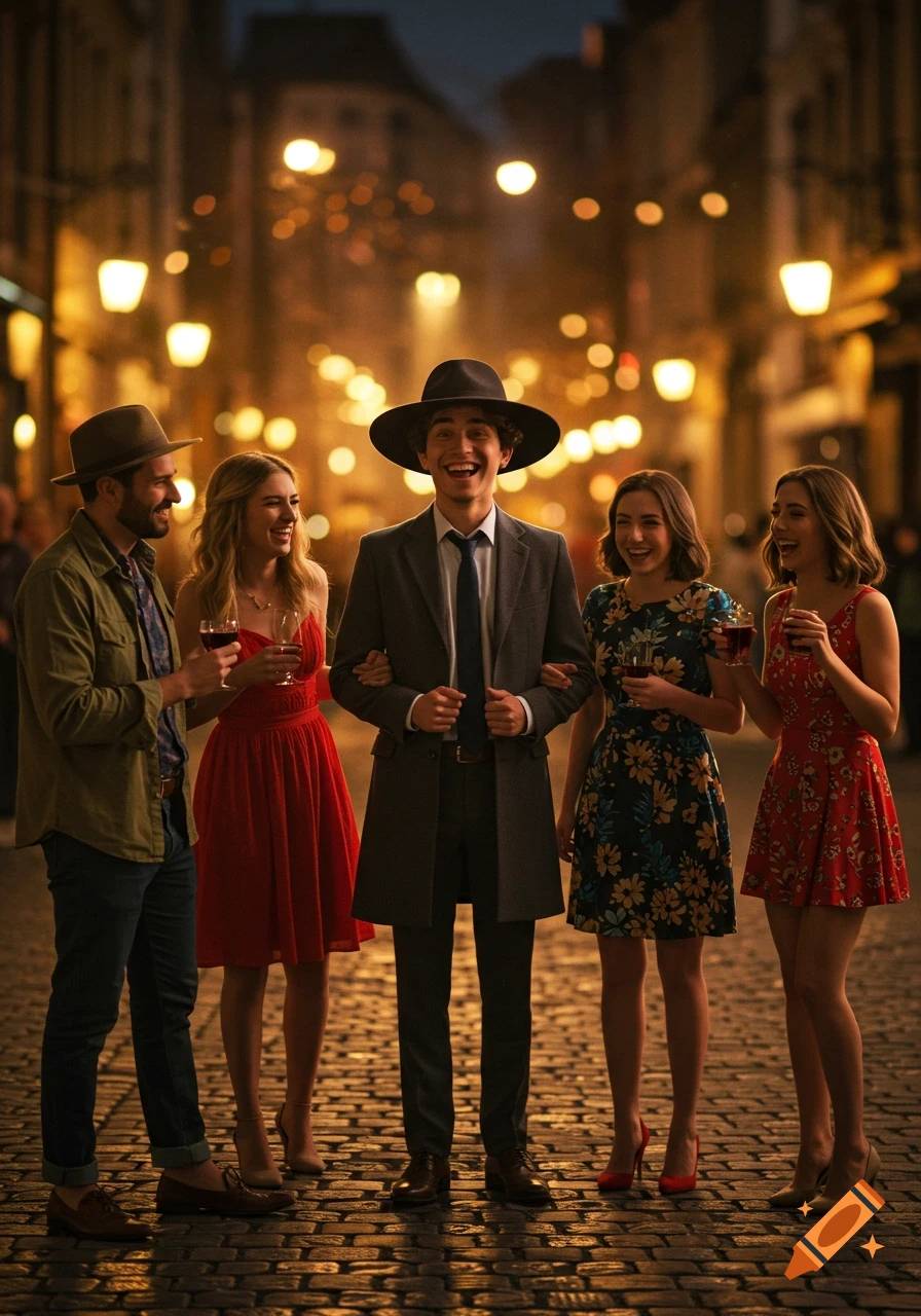 Five smiling friends, dressed up, socializing on a cobblestone street at night, with warm streetlights in the background.