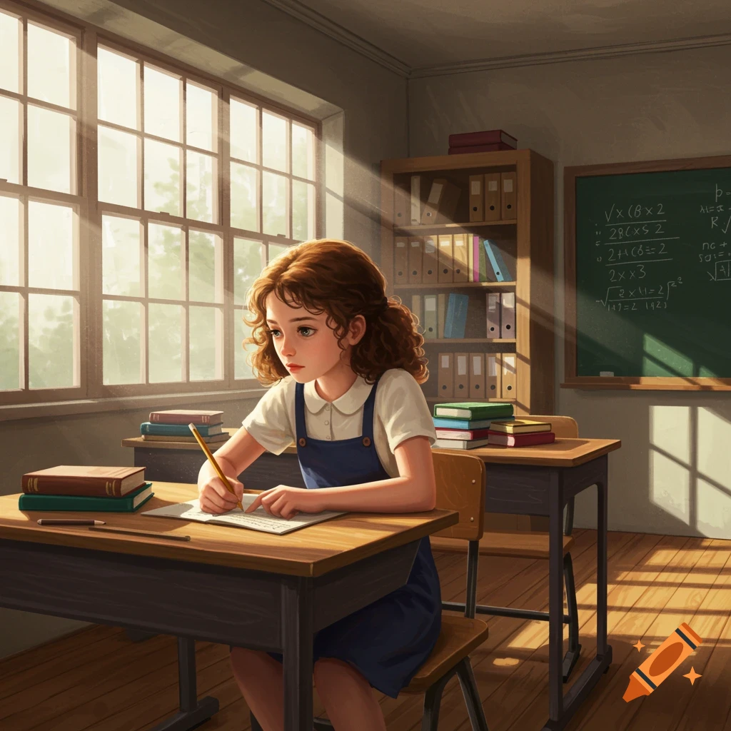 An illustrated young girl with curly brown hair sits at a wooden desk in a sunny classroom, writing on paper.
