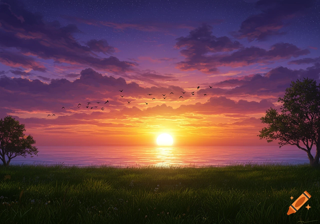 Vibrant sunset over a calm ocean with a field of green grass and trees in the foreground, and birds flying across the colorful sky.