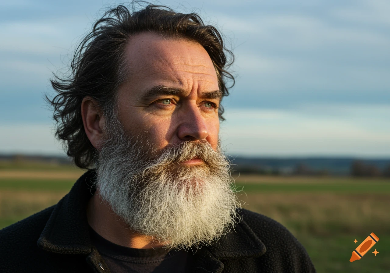 Close-up of a middle-aged man with a gray beard and dark hair looking into the distance, outdoors under golden hour light.