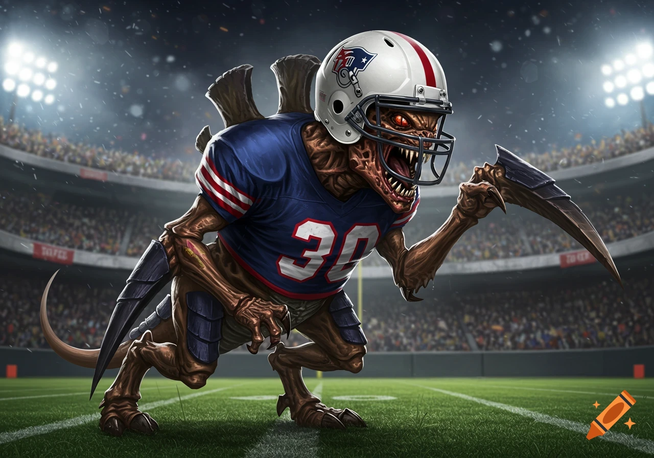 A ferocious Tyranid alien in a New England Patriots football uniform, number 30, stands on a stadium field.