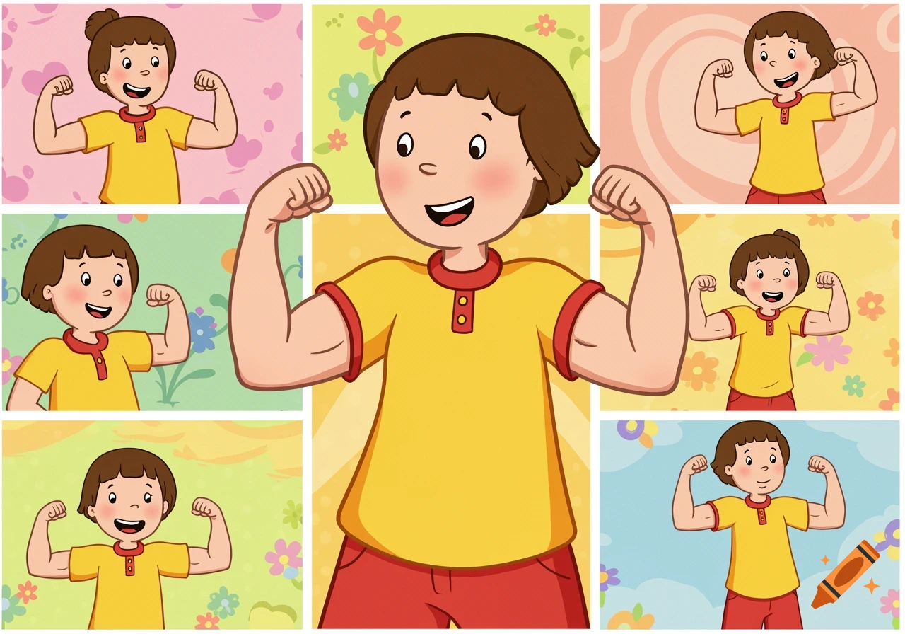 Cartoon character flexing muscles in a multi-panel comic strip style against colorful, floral backgrounds.