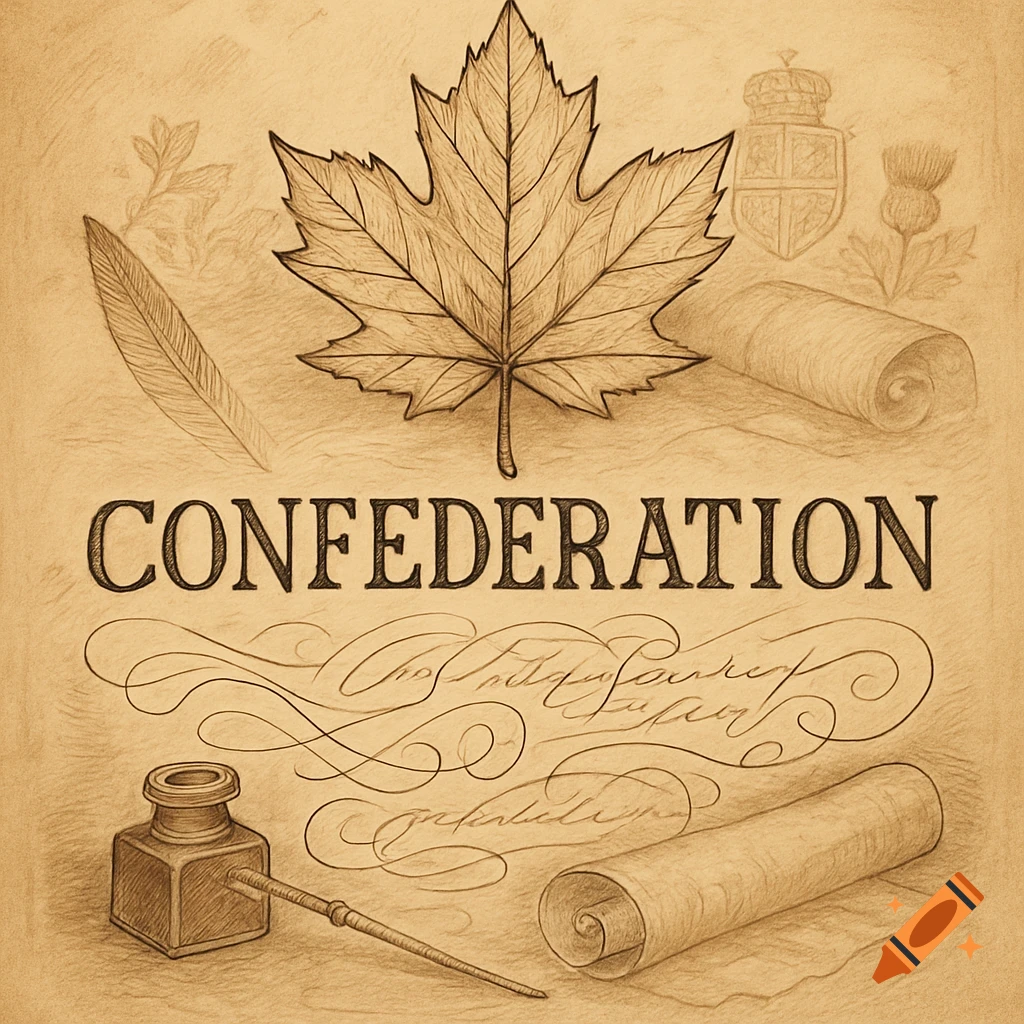 A sepia-toned sketch of a title page for "CONFEDERATION," featuring a large maple leaf, a quill, an inkwell, two rolled scrolls, and decorative illegible cursive.