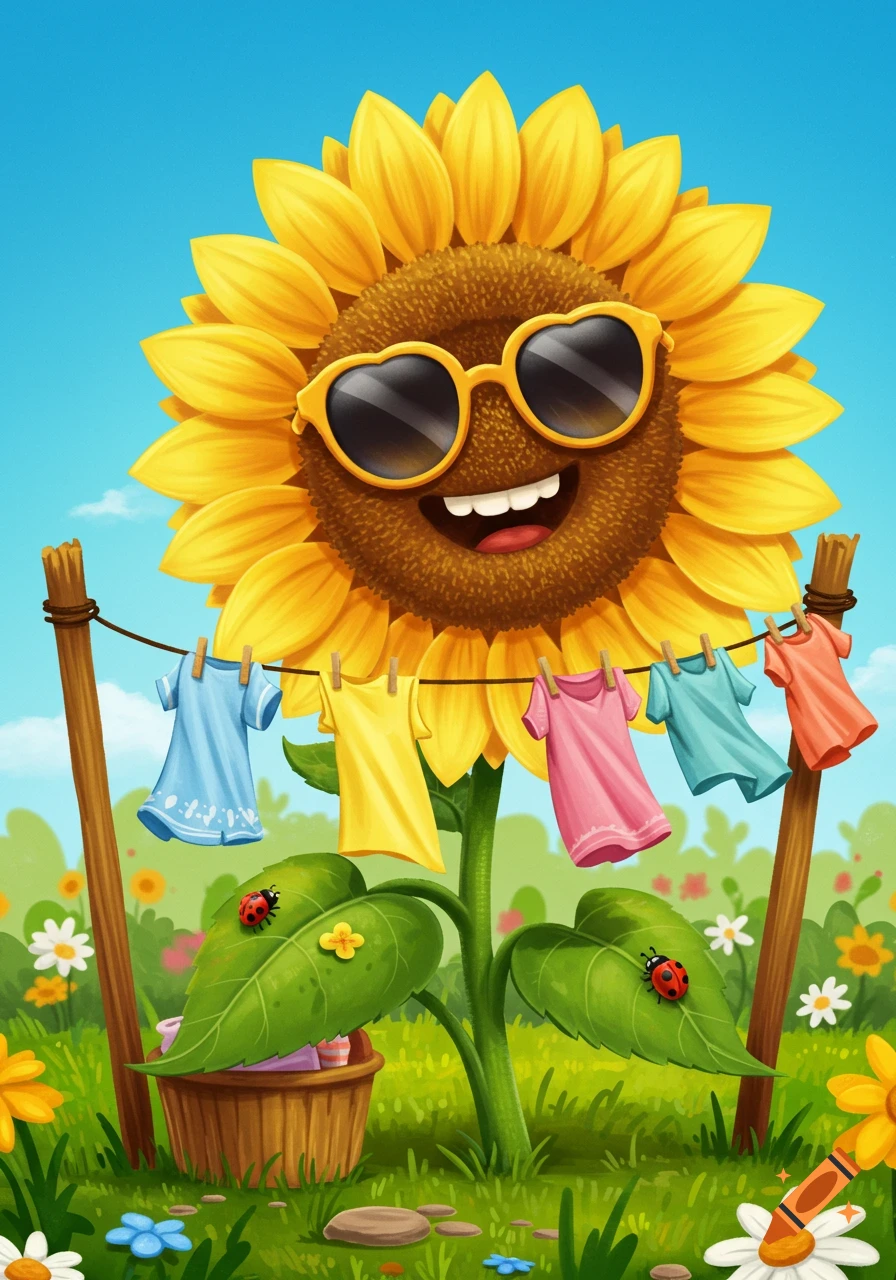 Cheerful cartoon sunflower wearing heart sunglasses, smiling, and hanging colorful laundry on a clothesline in a sunny garden with ladybugs.