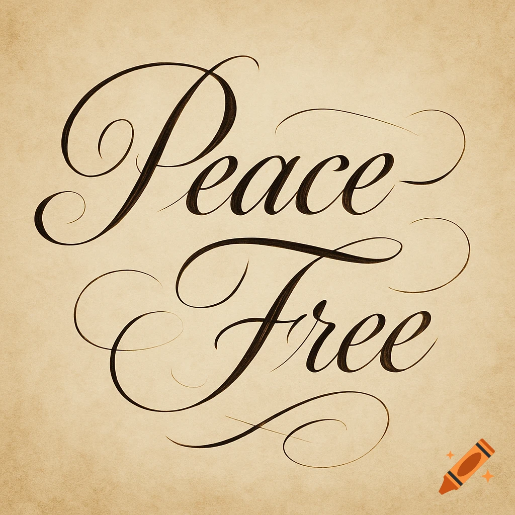 Elegant brown calligraphy spells "Peace-Free" on a textured light brown background, with decorative flourishes.