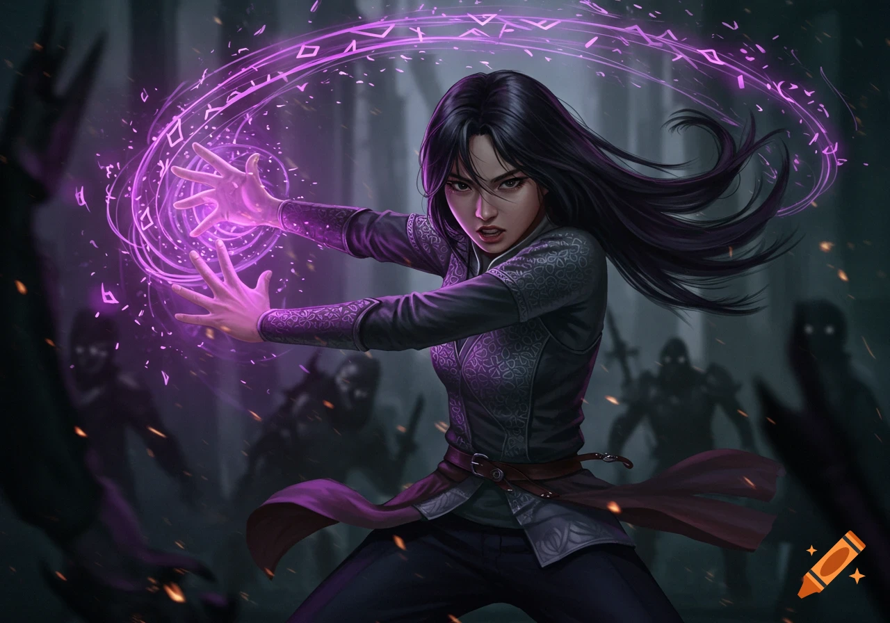 A young woman with black hair casts purple magic against shadowy figures in a dark, action-filled fantasy scene.