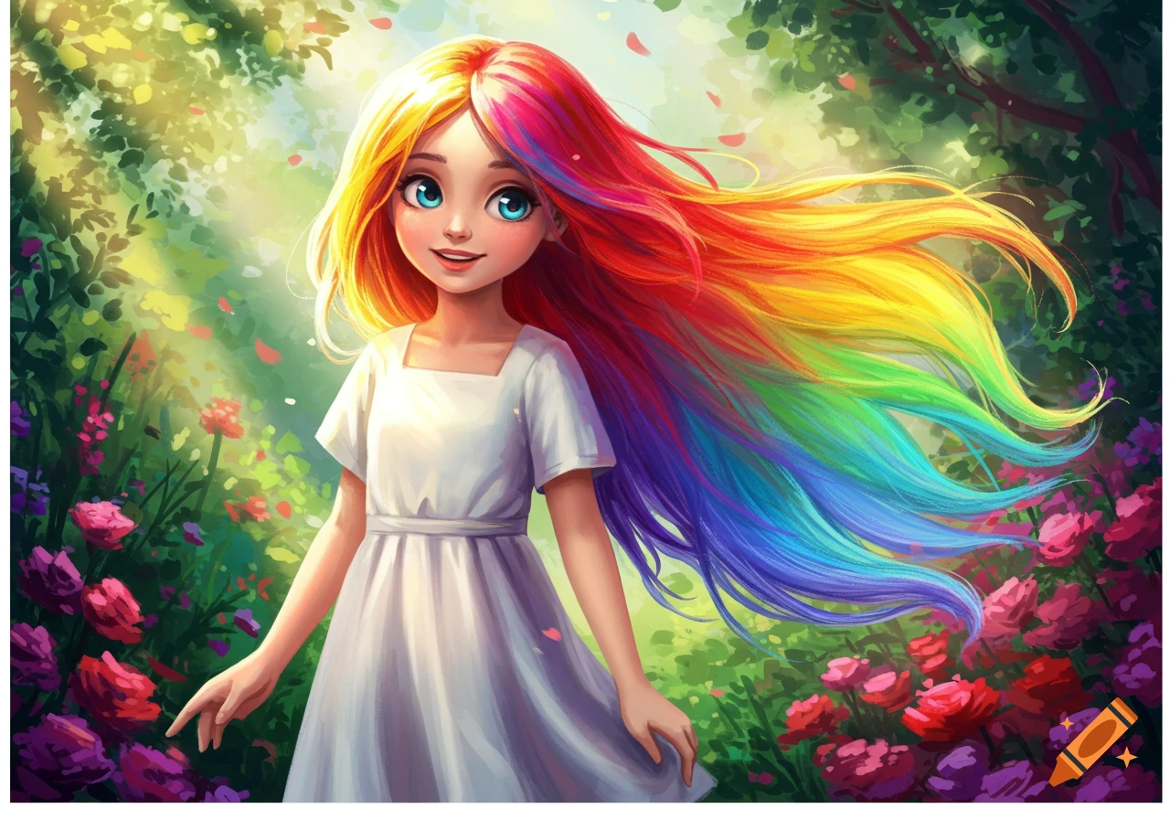A vibrant illustration of a young girl with flowing rainbow hair and a white dress, smiling in a sunny, lush garden with pink flowers.