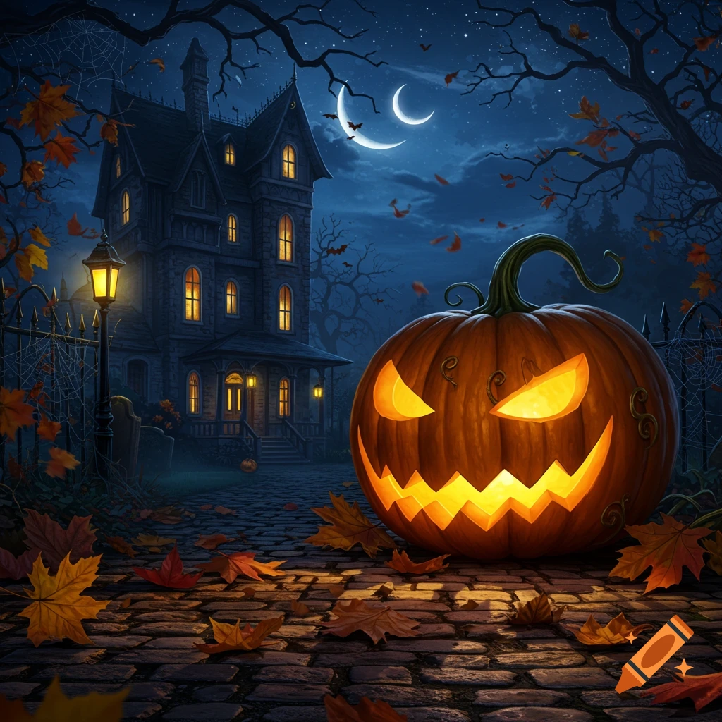 A glowing jack-o'-lantern sits on a cobblestone path in front of a haunted house under a crescent moon at night, surrounded by autumn leaves.