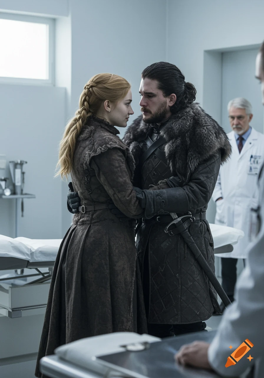 Jon Snow and Ygritte in Game of Thrones costumes embrace in a doctor's office, with a doctor in the background, photorealistic style.