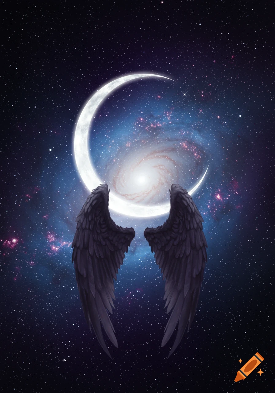 A pair of dark angel wings against a starry cosmic galaxy with a bright crescent moon.
