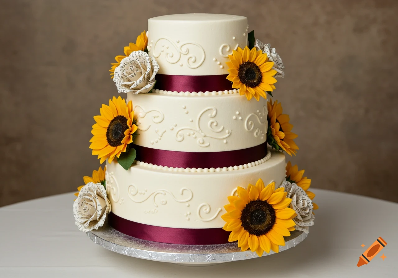 A three-tier wedding cake decorated with yellow sunflowers, burgundy ribbons, and roses made from book pages.