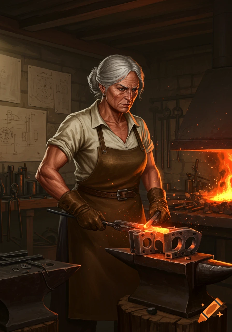 An elderly, silver-haired female blacksmith with a serious expression works glowing metal on an anvil in a dimly lit forge.