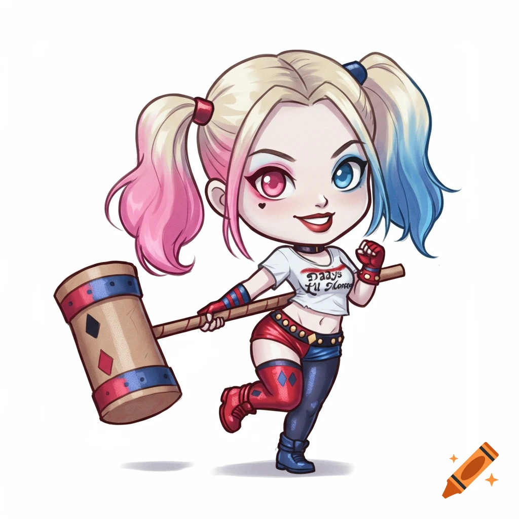 Chibi cartoon Harley Quinn with pink and blue pigtails, wearing a crop top and shorts, holding an oversized mallet.