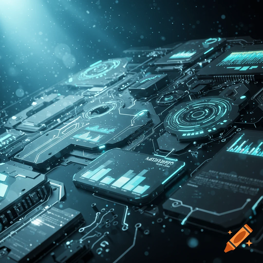 Close-up of a futuristic circuit board with glowing blue lines, microchips, and holographic data displays.