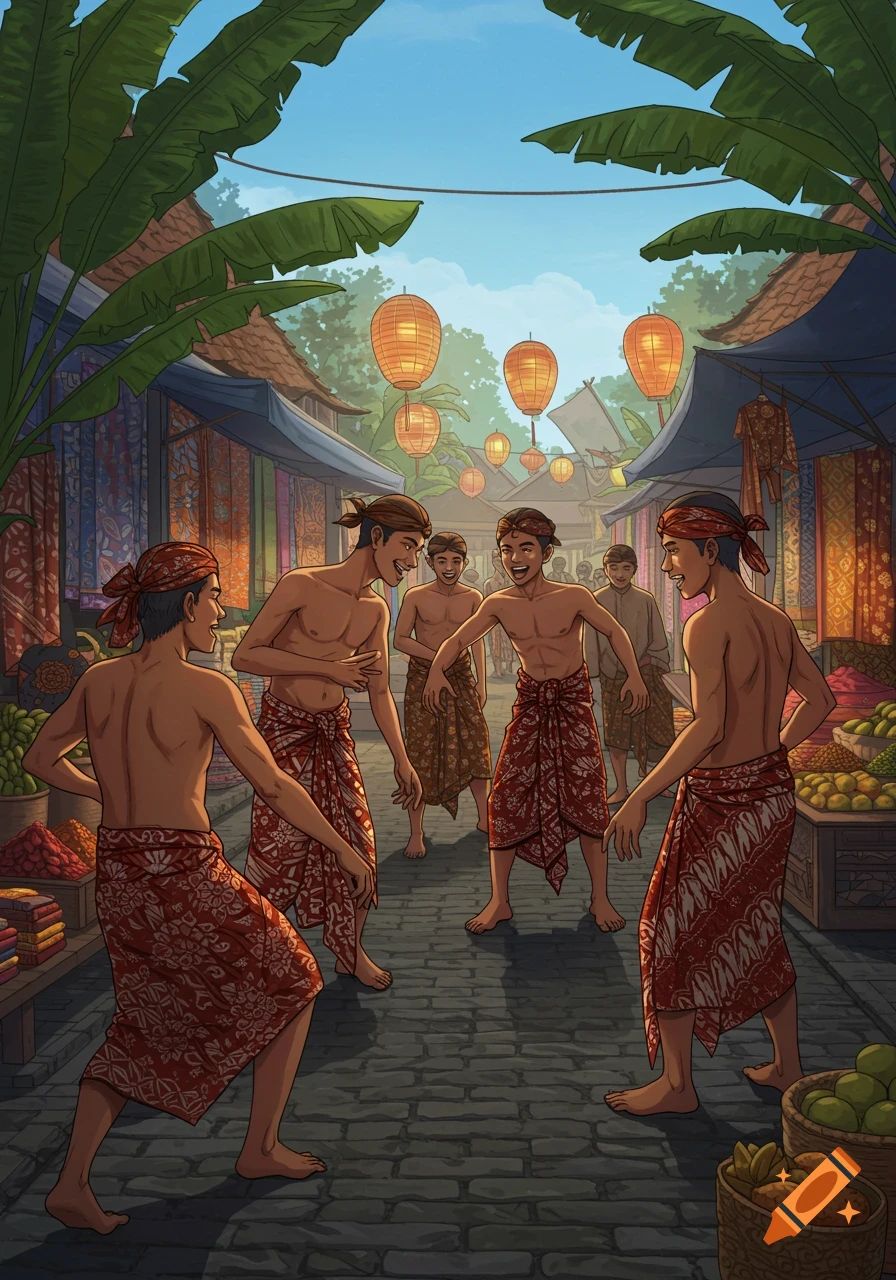 Illustrated scene of shirtless boys in sarongs laughing in a bustling market street with lanterns and banana leaves.