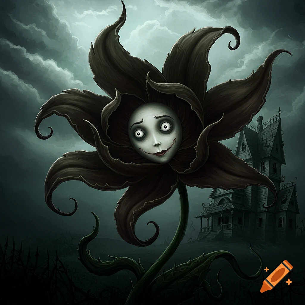 A Tim Burton-esque illustration of an eerie dark flower with a human face, set against a cloudy sky with a dilapidated house in the background.