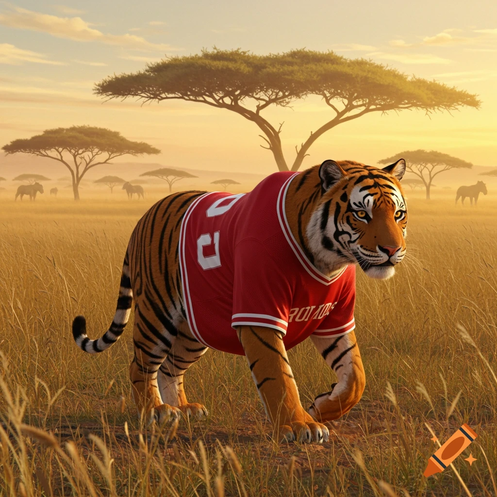 Photorealistic tiger in a red jersey with a number '2' on its back, walking through a savanna with acacia trees at sunset.
