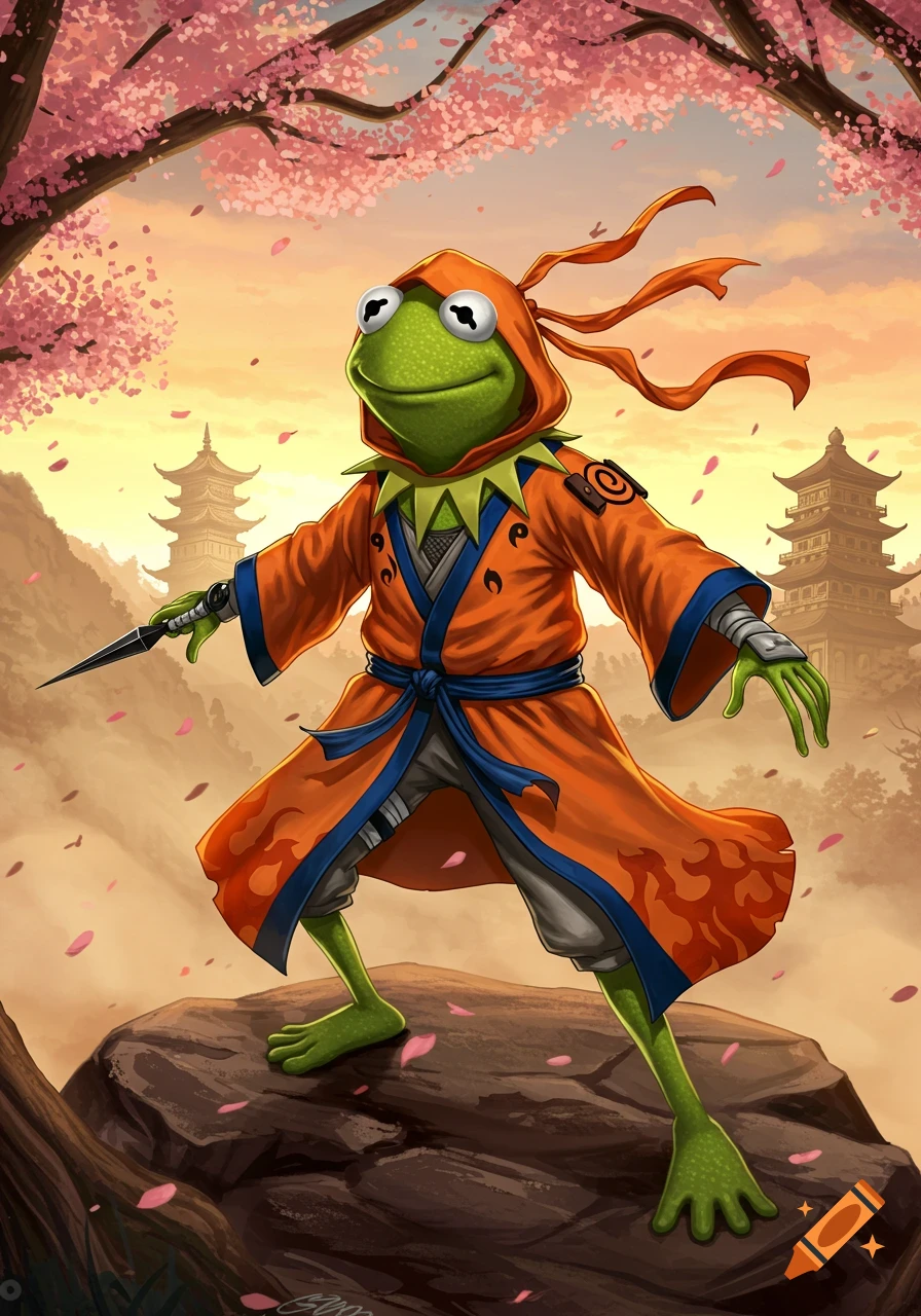 Kermit the Frog as a Naruto ninja, holding a kunai, amidst cherry blossoms and pagodas at sunset.