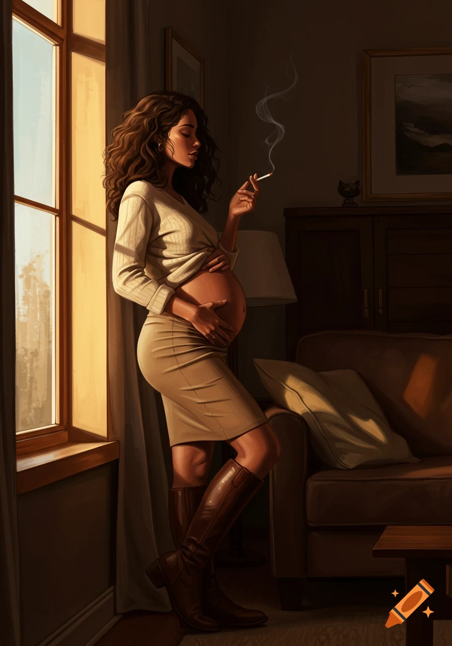 A pregnant woman with dark wavy hair stands by a sunlit window, holding a cigarette and her rounded belly. Realistic painting.