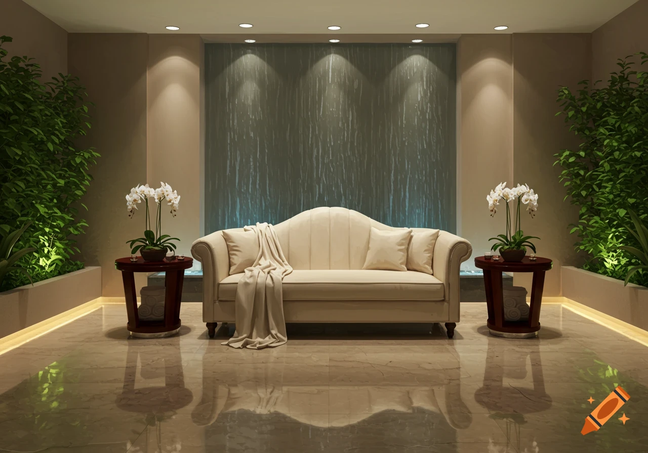 An elegant, warm-toned interior with a beige sofa, white orchids, and green plants. A textured wall with lighting reflects on a polished marble floor.