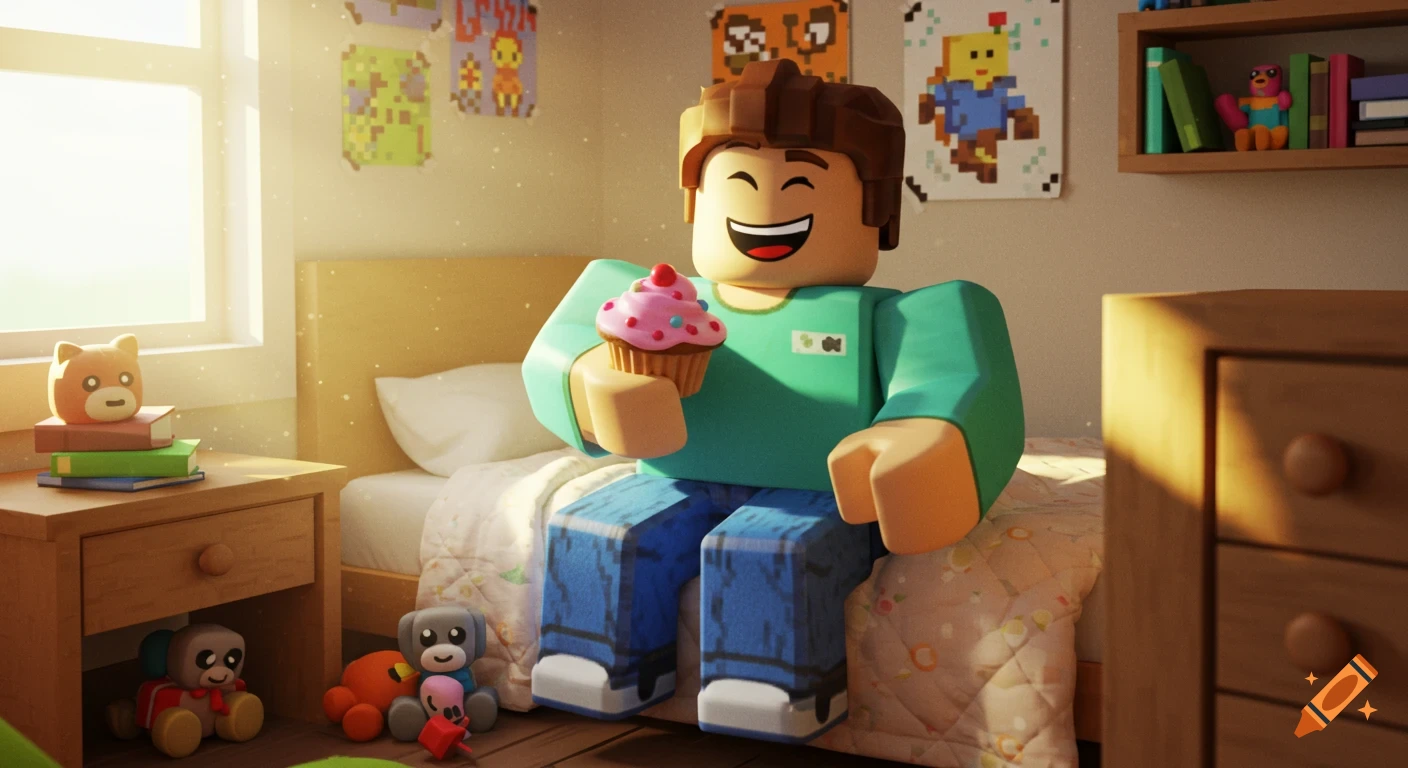A smiling Roblox character sits on a bed in a sunny bedroom, holding a pink cupcake.