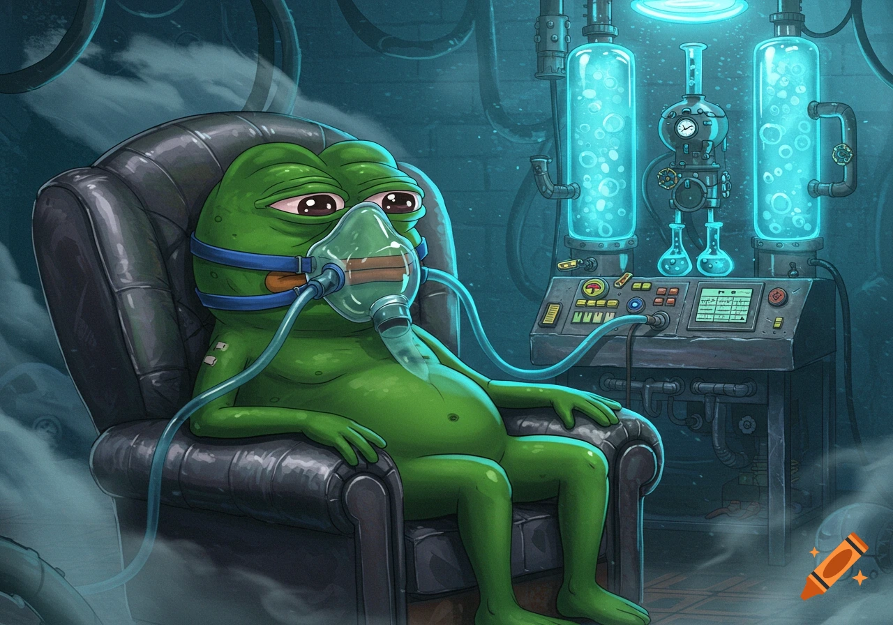 Cartoon illustration of Pepe the Frog with an oxygen mask, sitting in an armchair and connected to glowing blue lab equipment.
