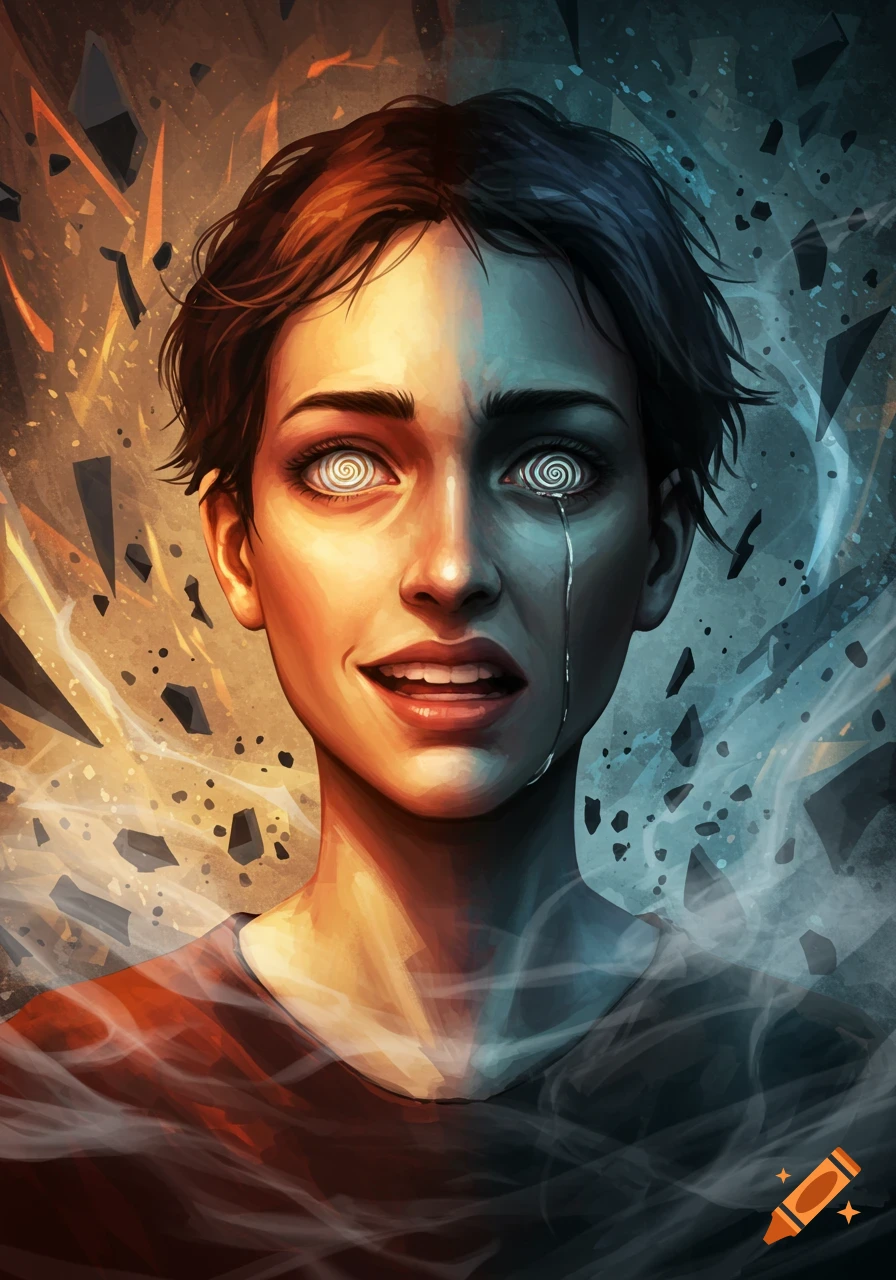 An illustration of a person with half their face in warm light, half in cool, with swirling eyes, a tear, and shattered fragments around them.