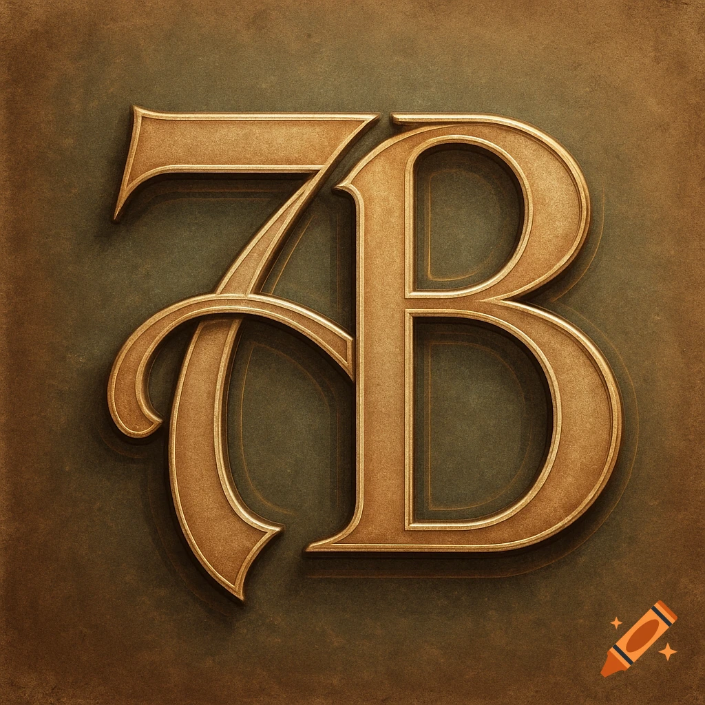 Ornate golden '7B' monogram with intricate details on a textured dark green background.