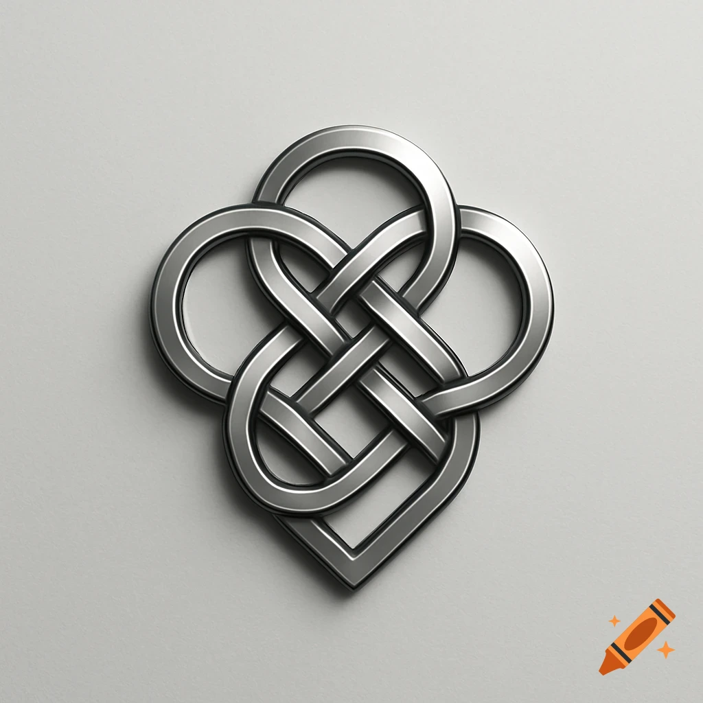 A stylized silver metallic knot logo with an intricate design, casting shadows on a light grey background.