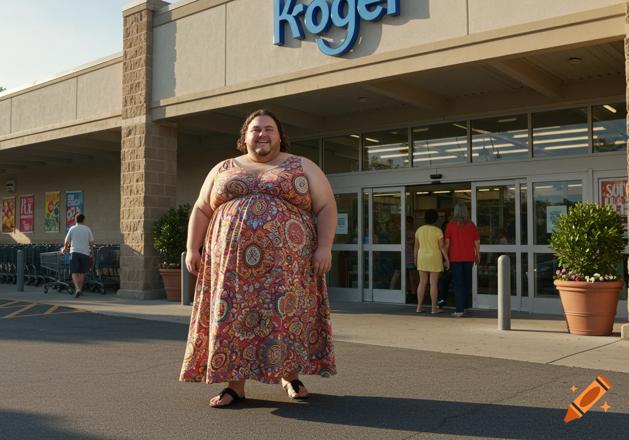 A large man with a beard and long hair wearing a colorful patterned maxi dress stands smiling in front of a Kroger grocery store.
