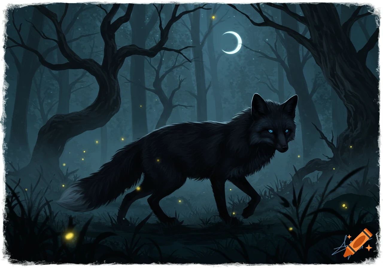 A black fox with glowing blue eyes walks through a dark, mystical forest at night under a crescent moon, with fireflies glowing.